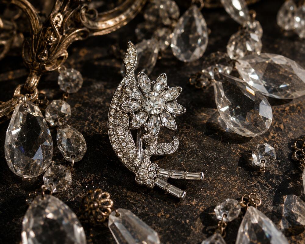 Clear Rhinestone Floral Spray Brooch Silver Tone Vintage Style Statement Pin